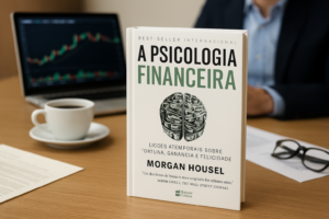 A Psicologia Financeira, de Morgan Housel, obra que trata do comportamento humano nas finanças, mostrando como atitudes e emoções afetam decisões sobre dinheiro e construção de riqueza.